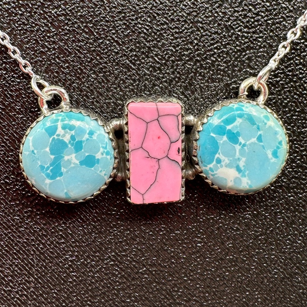 Sterling Silver 925 Blue Sea Sediment Jasper Pink Gibbsite Handmade Necklace